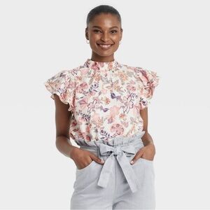 Who What Wear Floral Ruffle Blouse - Pink and cream